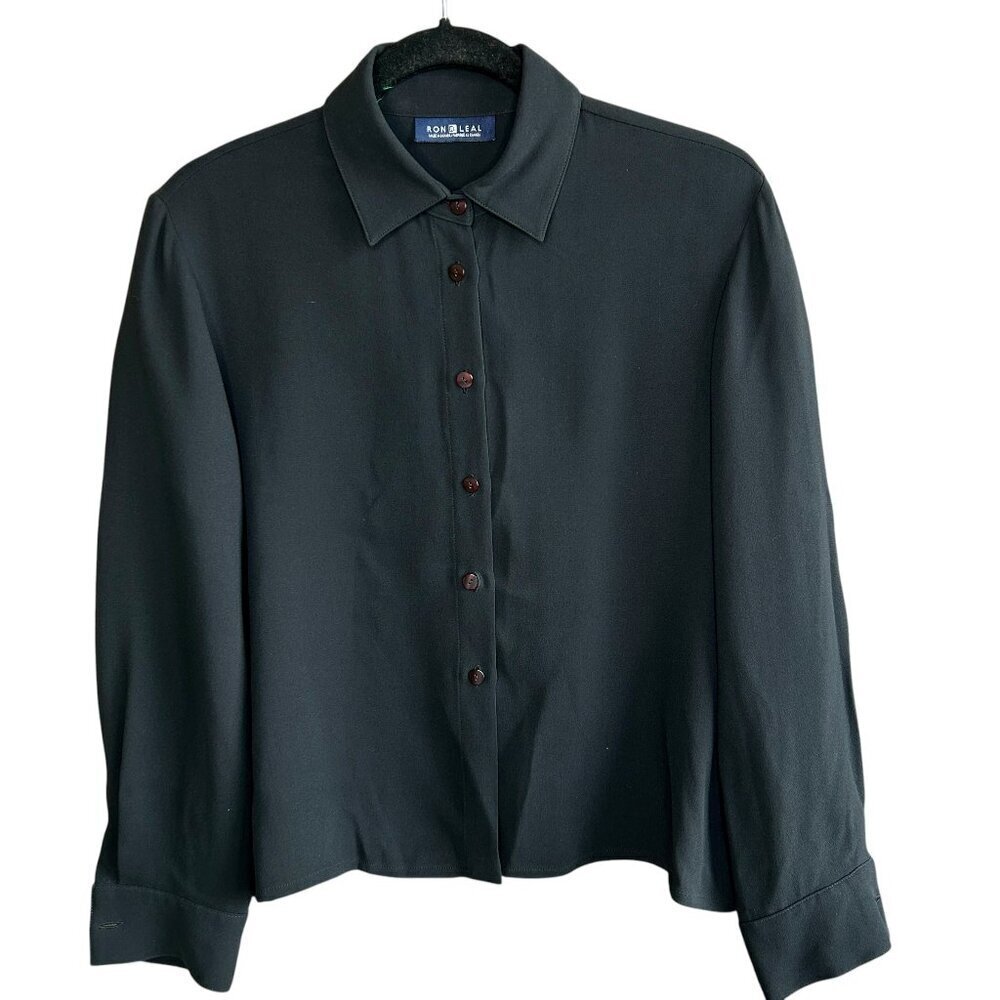 Ron Leal Black Button Front Blouse Shirt Silk Size 8